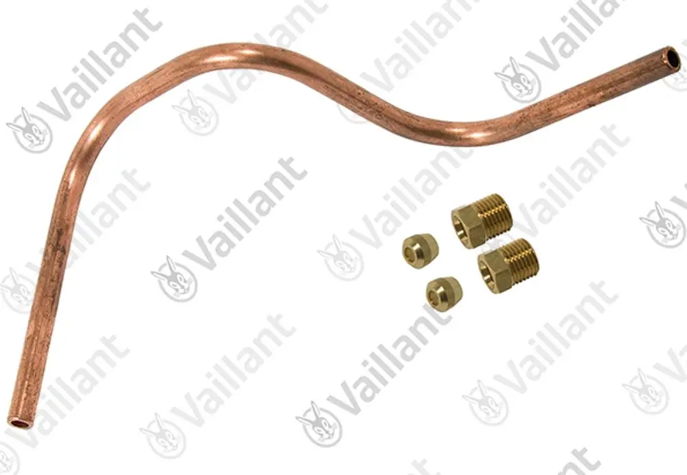 Kupferrohr von Vaillant, gebogen, mit drei Messinganschlüssen. Verwendung in Heizungs- oder Sanitärsystemen möglich.